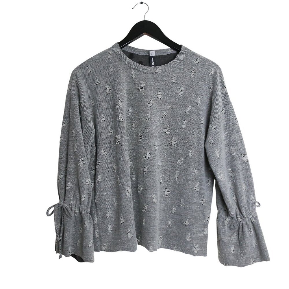 Design Lab Distressed Tie-Sleeve Pullover Sweater Top Grey Size Small